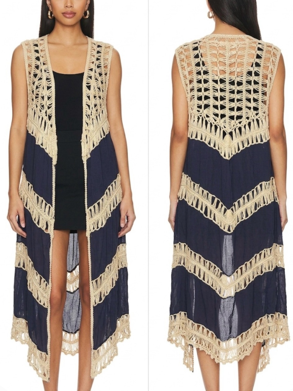 Umgee Crochet Kimono Duster Beige Navy Handkerchief Hem Size M Long Boho Coverup